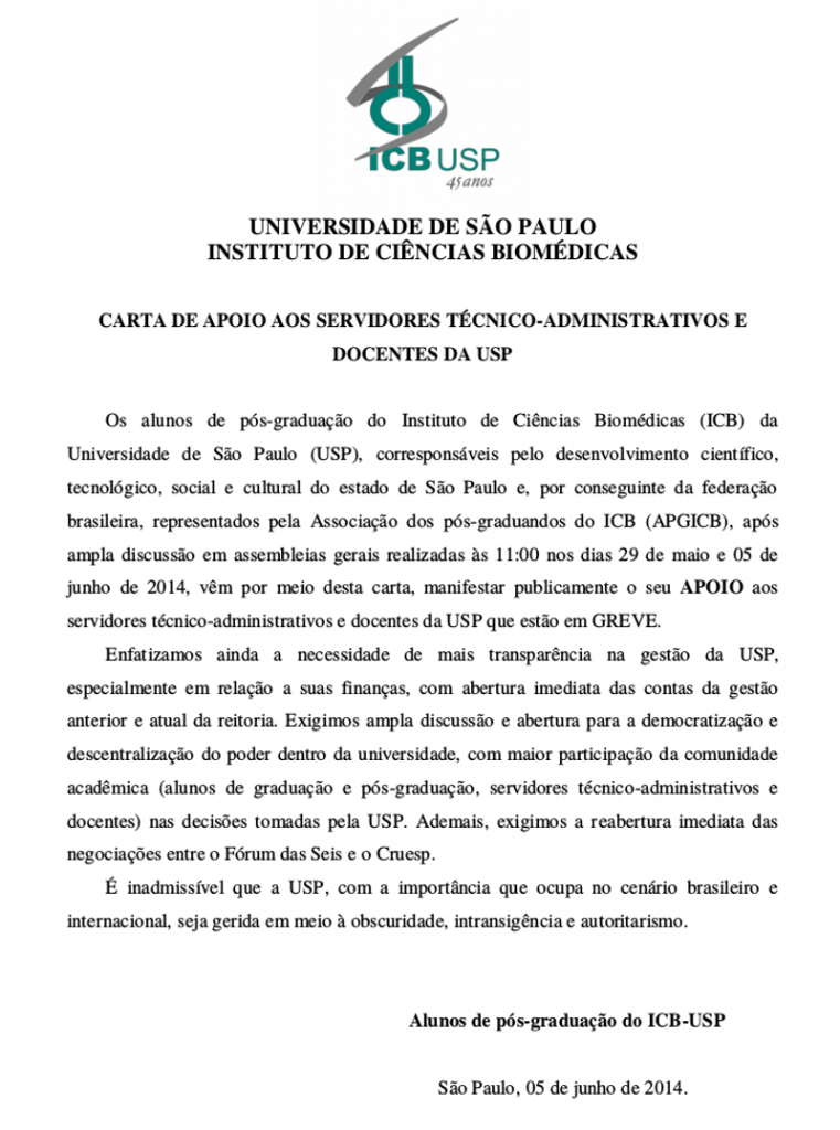 Carta de apoio do ICB aos servidores técnico-administrativos e docentes da USP